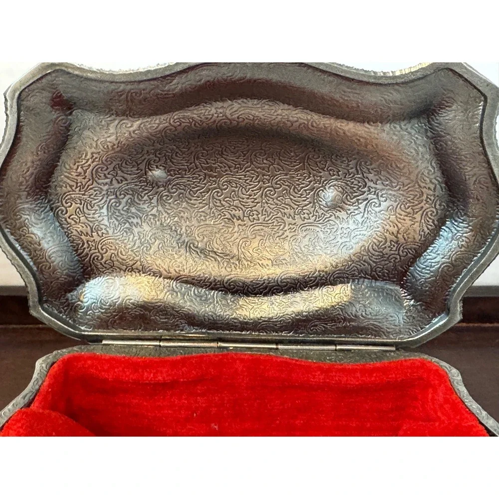 Vintage Ornate Silver Tone Footed Jewelry Casket Box Red Velvet Lining Rococo